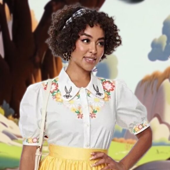 Looney Tunes x Unique Vintage Bugs Bunny Blouse Button Up Embroidered Floral Top - Picture 1 of 12